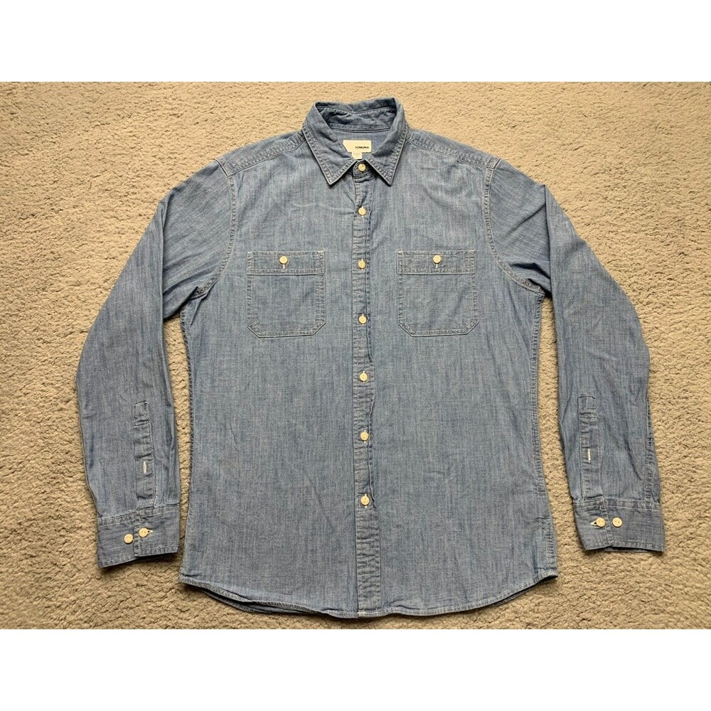 Sonoma Button Up Shirt Mens Size Small Blue Denim Long Sleeve Casual Pockets